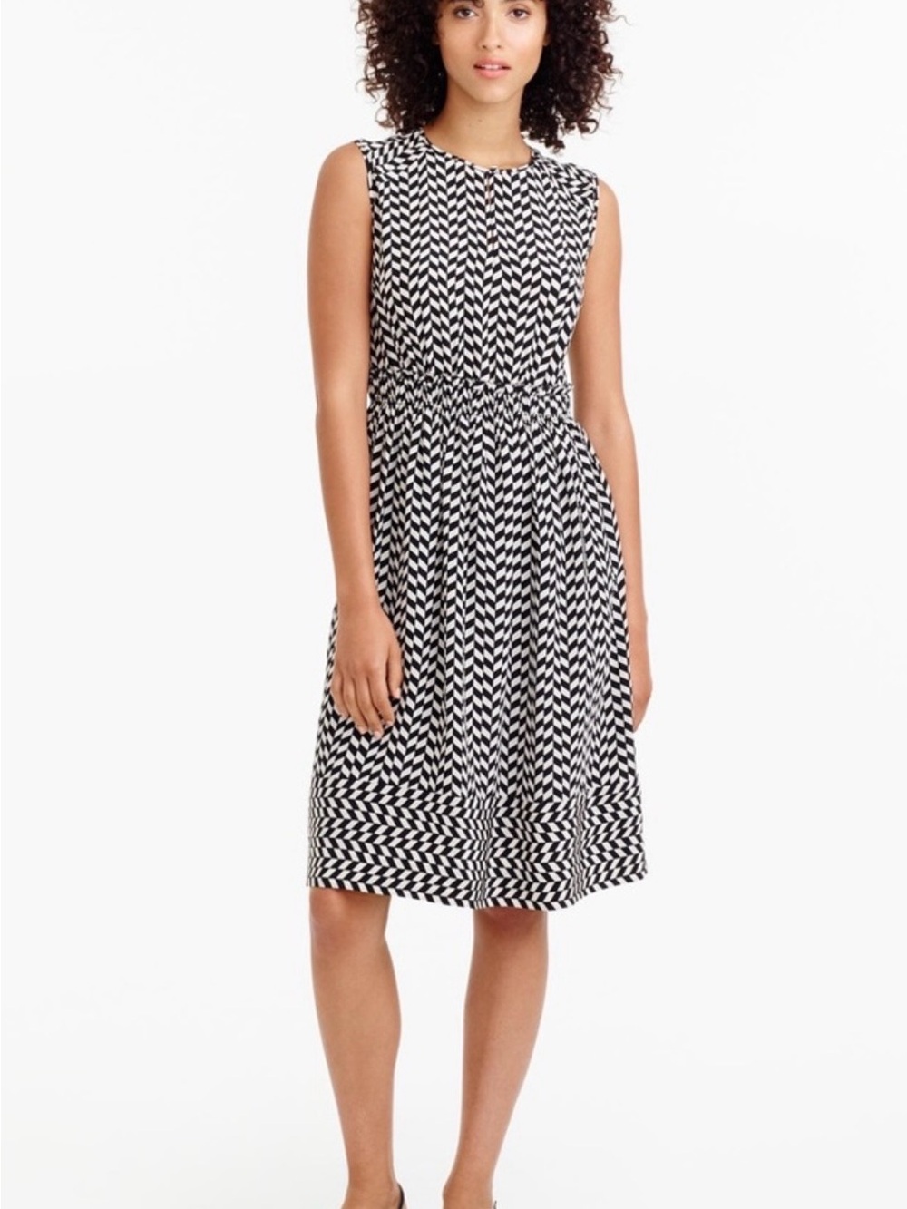 J. Crew Black and White Chevron-Print Midi Silk Dress- Size 10